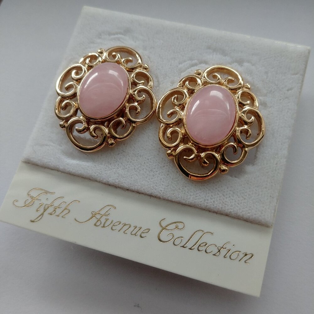 Vintage genuine rose quartz large gold tone clip-on earrings Victorian Elegance